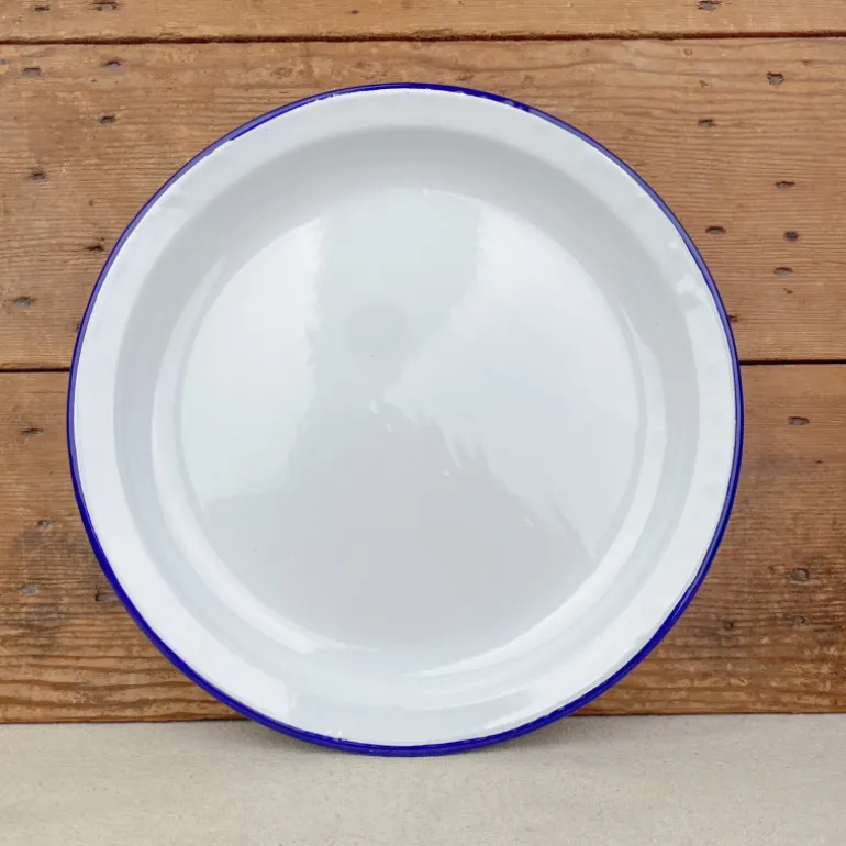Assiette creuse en email blanc liseré bleu