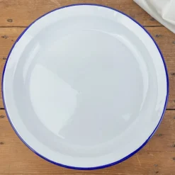 Assiette creuse en email blanc liseré bleu