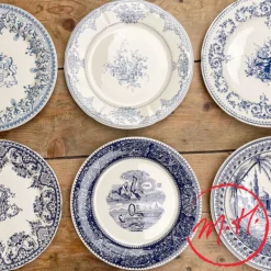 6 assiettes plates dépareillées bleues - Gien