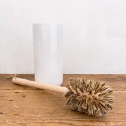 Porte-balayette WC en faïence blanche et sa brosse en bois