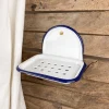 Porte-savon en email blanc avec liseré bleu