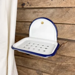 Porte-savon en email blanc avec liseré bleu