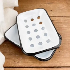 Porte-savon en émail blanc liseré noir