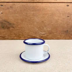 Tasse et sous-tasse café émail blanc liseré bleu
